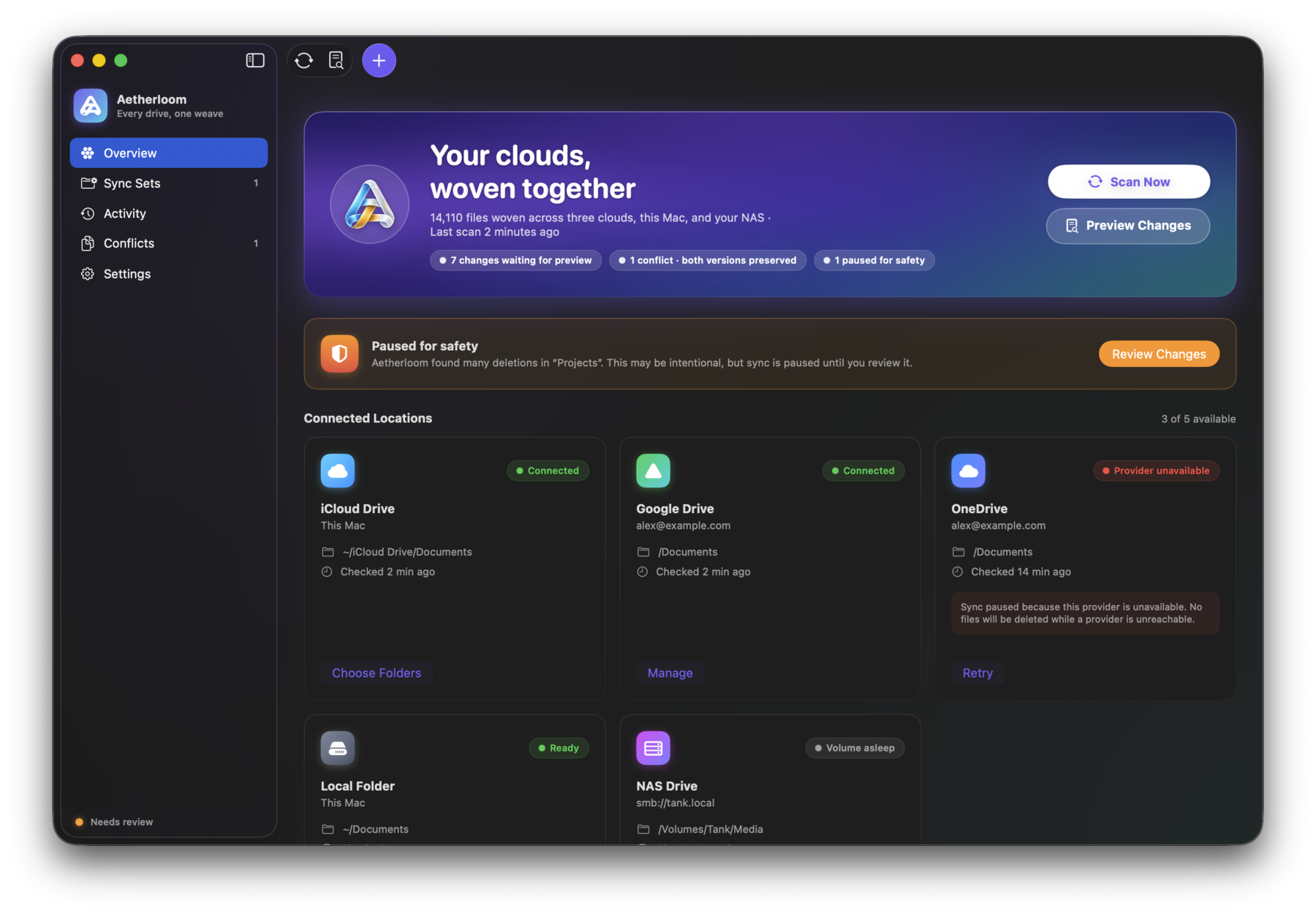 Aetherloom Overview screen showing connected locations and safety review status